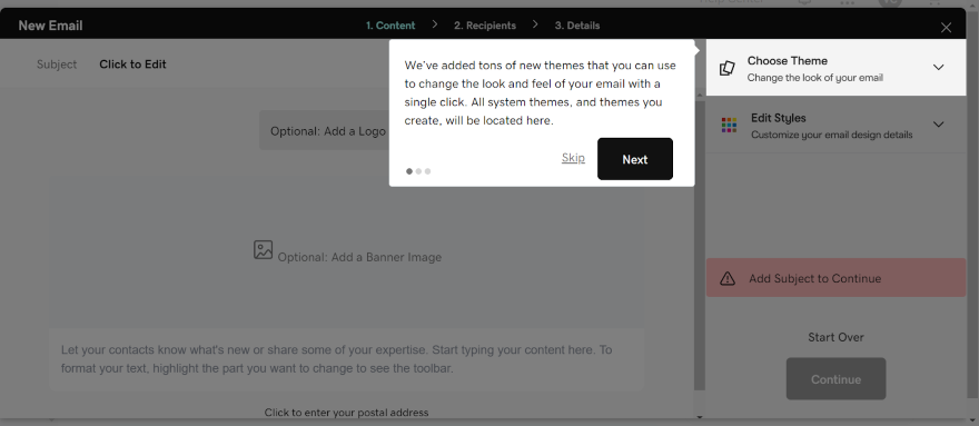 Screenshot of a tutorial screen on GoDaddy's email marketing tool.