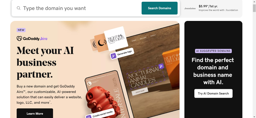 Screenshot of GoDaddy's USA front page with links to GoDaddy Airo and the AI domain name generator.