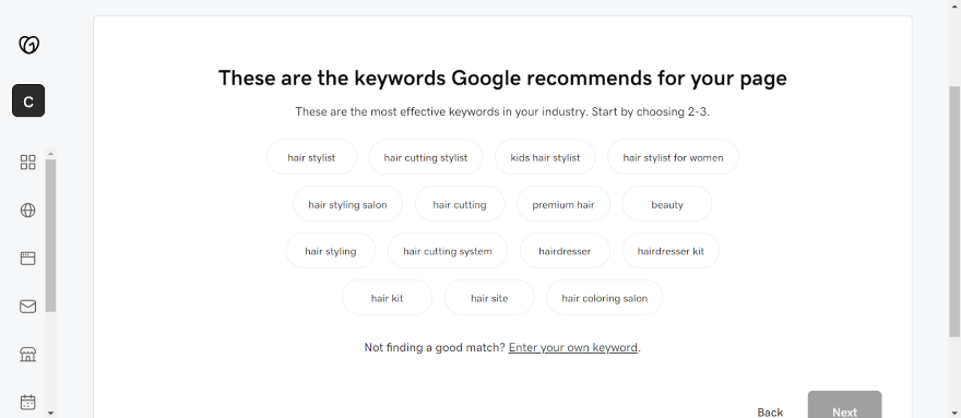 Screenshot of Google generated SEO keywords for a GoDaddy hairdressing website.