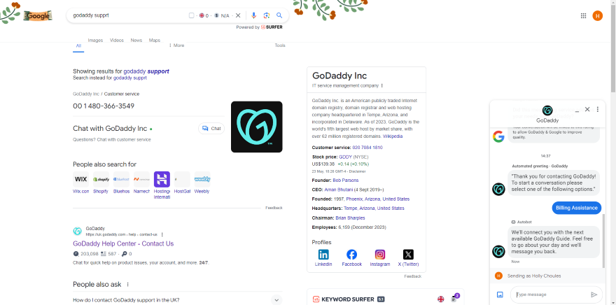 Screenshot of search results for GoDaddy support including contact methods, company information, and the live chat popup box at the bottom right.