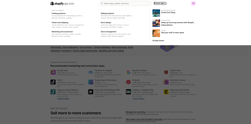 Screenshot showcasing the Shopify App Store with categories for marketing and conversion apps.