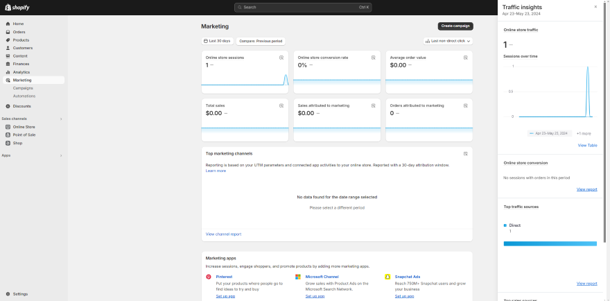 A screenshot of Shopify's ecommerce marketing dashboard displaying traffic insights, sales and conversion metrics on Shopify.