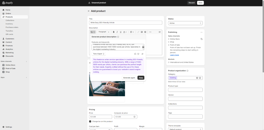 Screenshot of the Shopify dashboard highlighting the 'Add product' section with fields for product details.