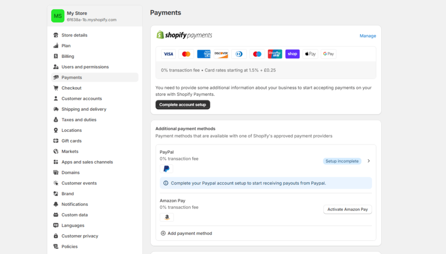 Shopify payments settings