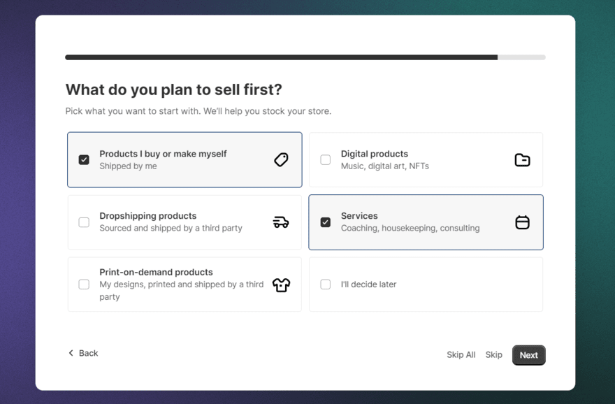 Shopify onboarding question asking "What do you plan to sell first?" with answer boxes to select