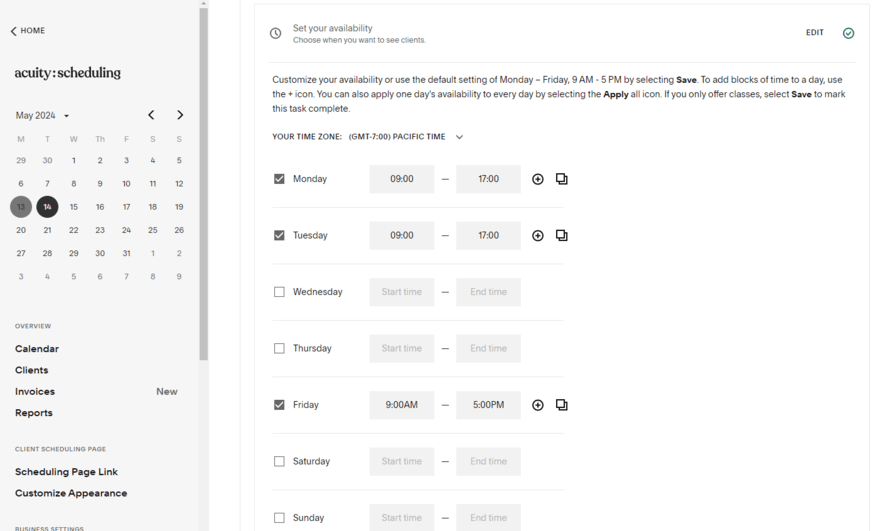 Acuity Scheduling dashboard showing settings to edit availability times