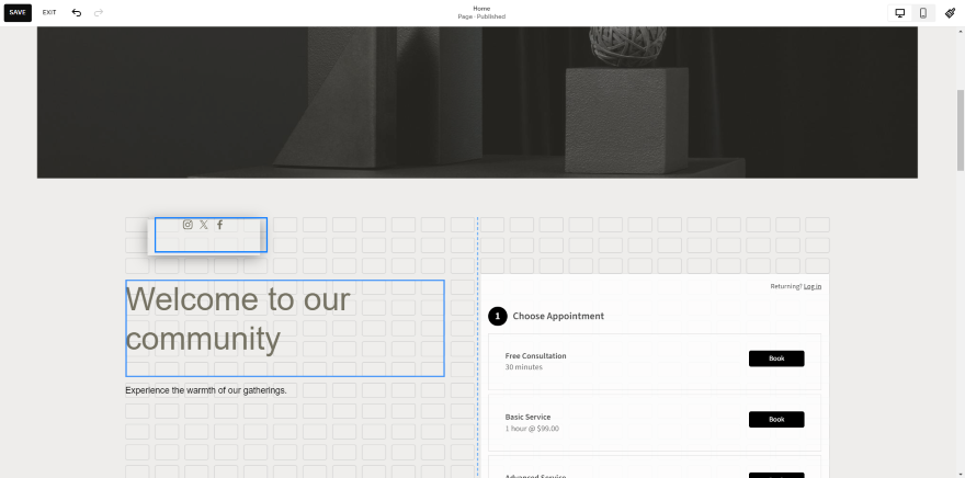 Screenshot of a welcoming community section on a Squarespace website interface with appointment booking options.