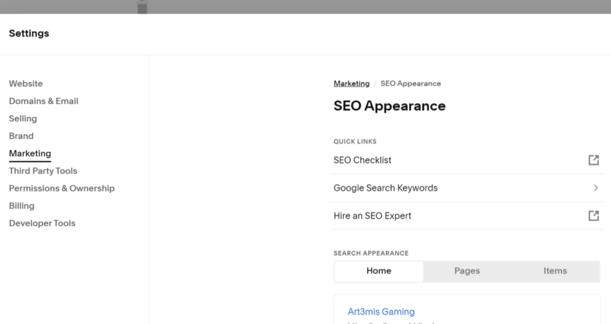 Squarespace's SEO Appearance settings