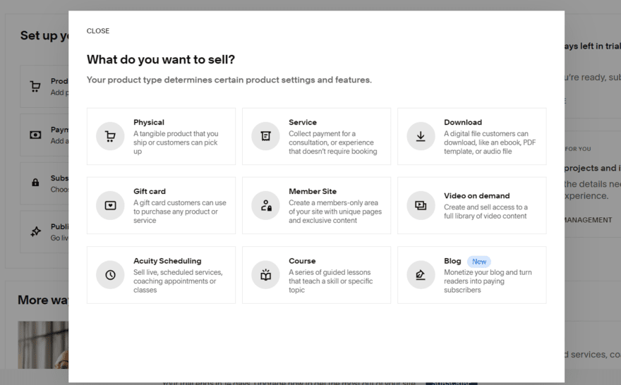 Screenshot showing different product types such as Physical, Service, Gift card, and Download in an e-commerce setup menu in Squarespace