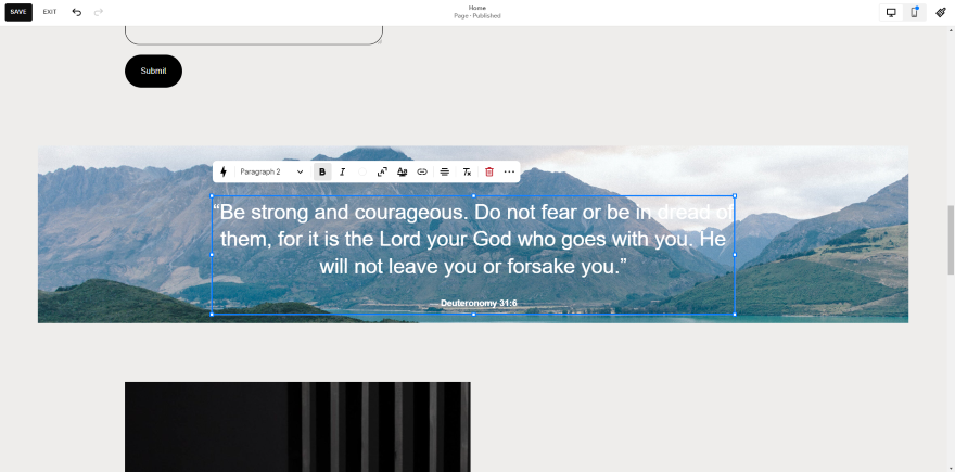 Scenic mountain landscape on a Squarespace church website with an inspirational Bible quote from Deuteronomy 31