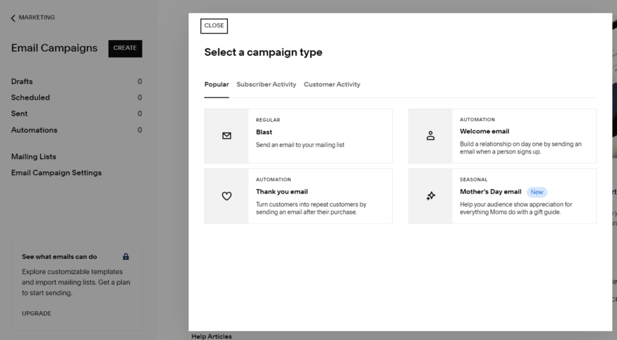 Squarespace email campaigns templates showing options to select a campaign type including regular blast, automation, and seasonal campaigns.