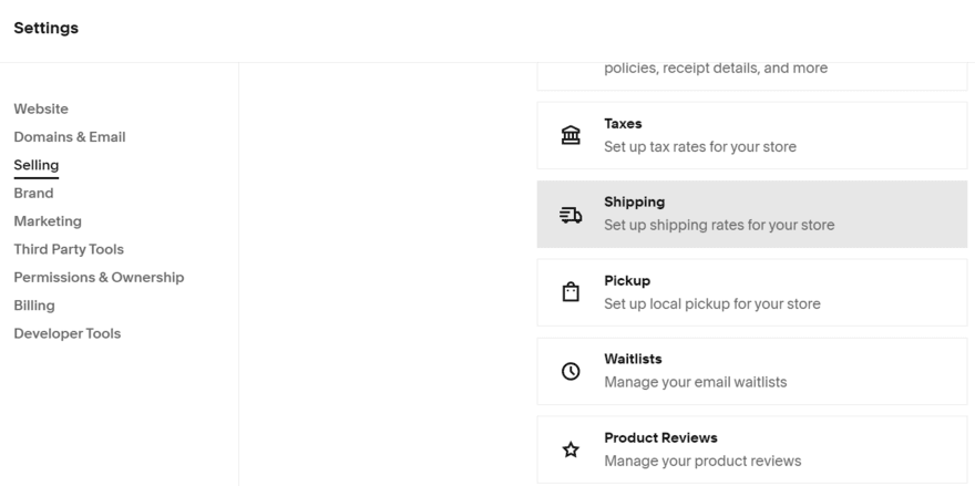 Page showing Squarespace's selling settings with shipping settings highlighted in a list