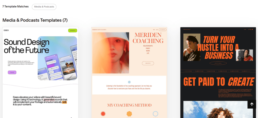 Screenshot of media and podcast templates in Squarespace's template library