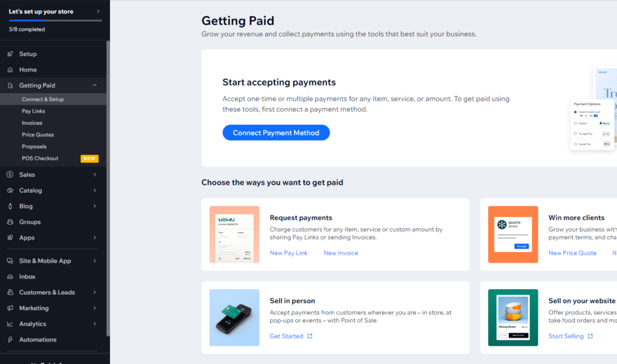 "Getting Paid" dashboard to set up payments in Wix's account dashboard