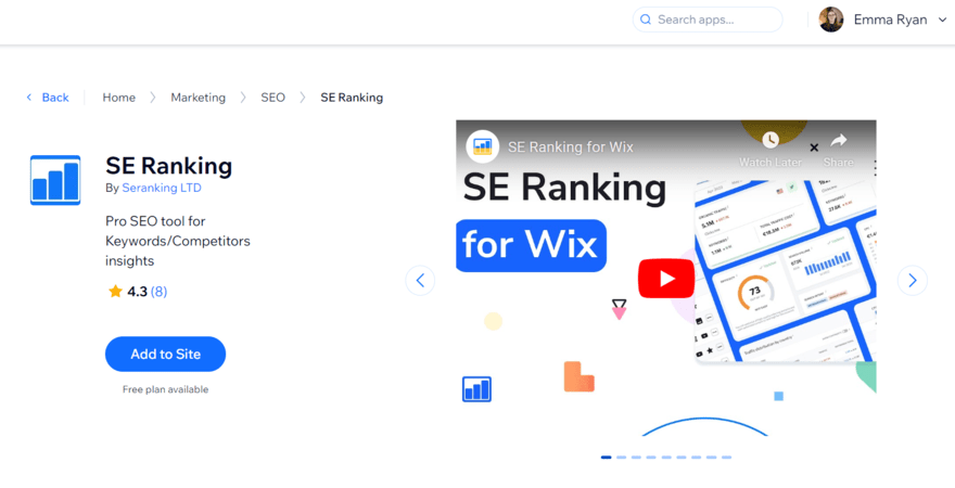 SE Ranking app in Wix's marketplace, showing a button to "add to site"