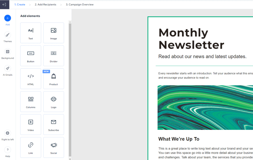 Wix's email marketing template editor for a monthly newsletter campaign