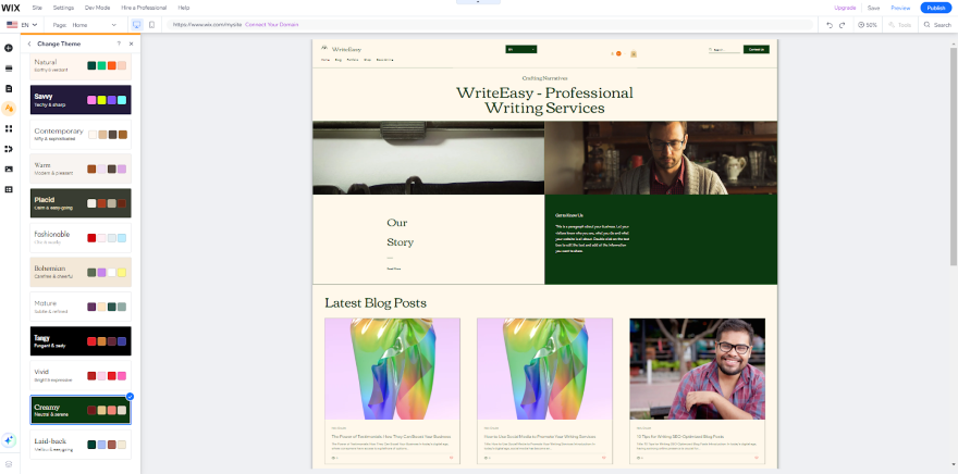 Screenshot of 'WriteEasy - Professional Writing Services' website homepage featuring a navigation menu, company logo, and the latest blog posts.