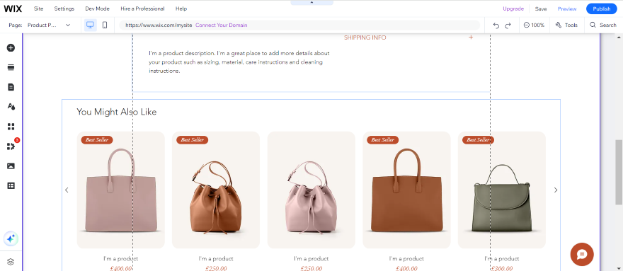 Screenshot of a Wix Product page with a "you might also like" section displaying luxury leather bags.