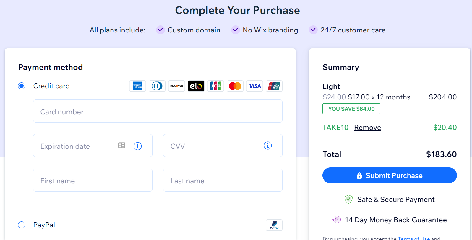 Screenshot of a Wix checkout after adding a 10% off discount code to plan