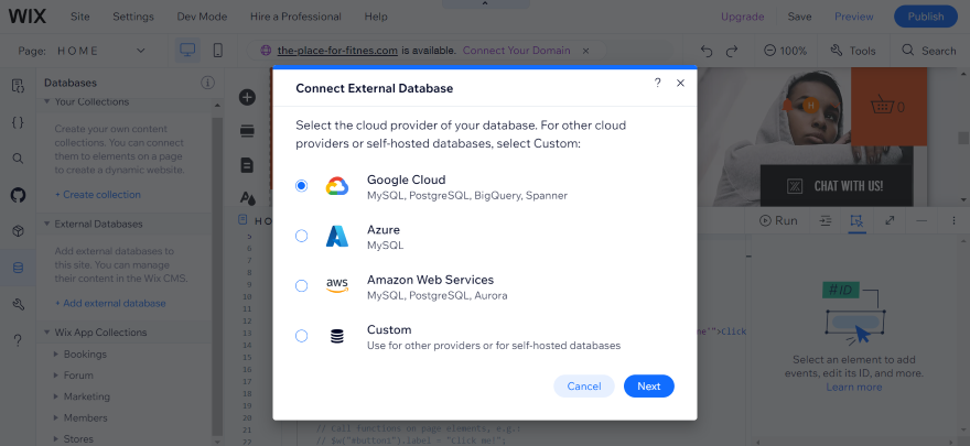 Screenshot of a pop-up on Wix Velo featuring various thrid-party sources I can set up an external database with.