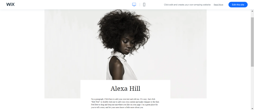 Screenshot of a Wix landing page for a solo musician with an image, header, and intro text