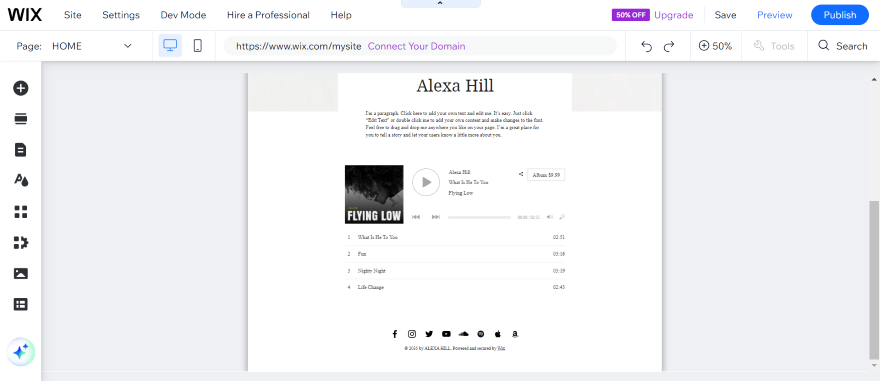 Screenshot of musician's template for a Wix website