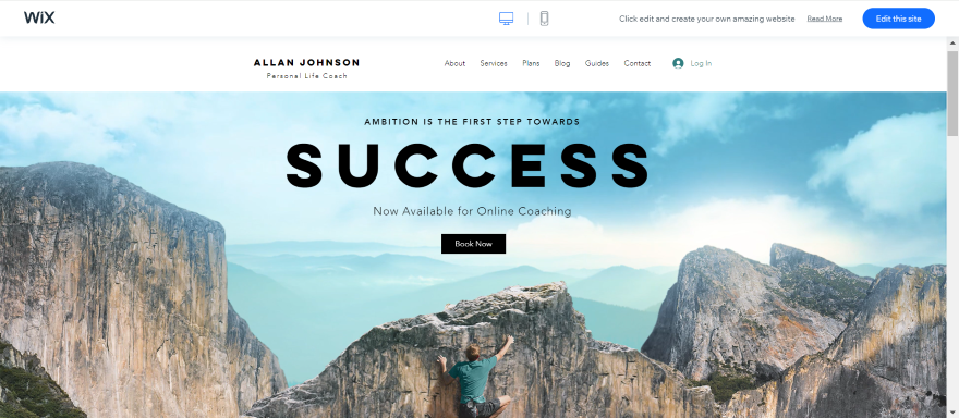 Screenshot of a Wix landing page for a life coach with a hero image of a man at the top of a mountain.