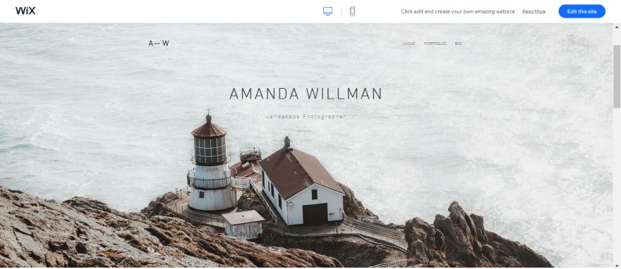 Screenshot of a Wix homepage for a landscape photographer with a large hero image.