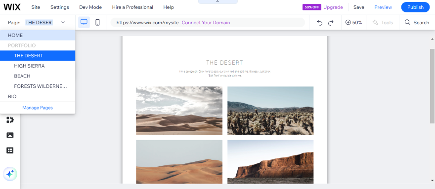 Screenshot of a Wix photography website with a collection of photos entitled the desert.