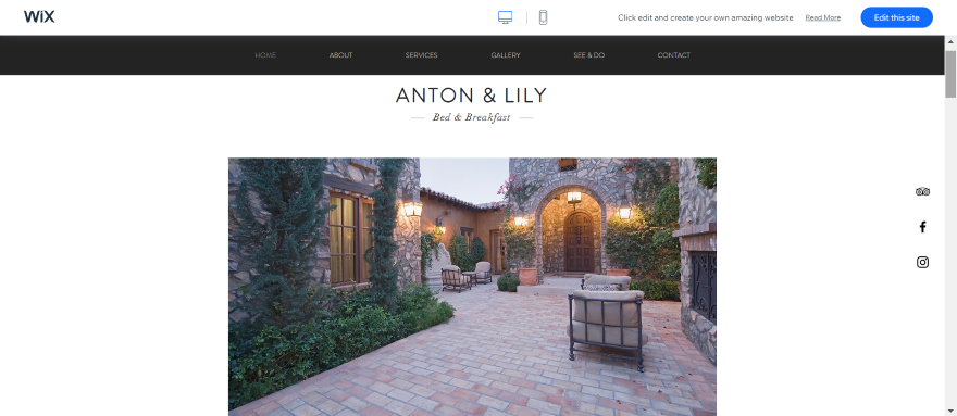 Screenshot of a bed and breakfast hotel website with a hero image of the exteriors.