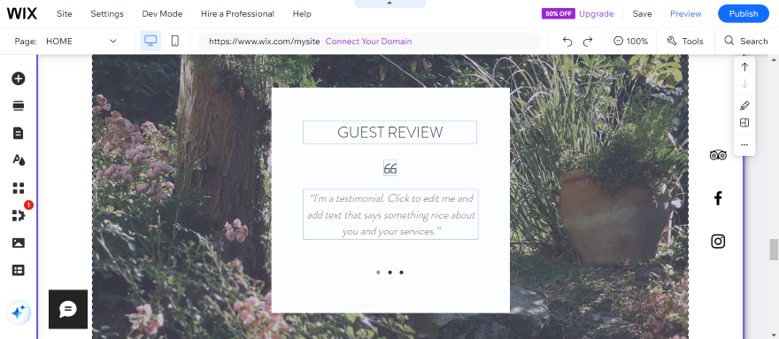 Screenshot of a guest review on a Wix hotels website