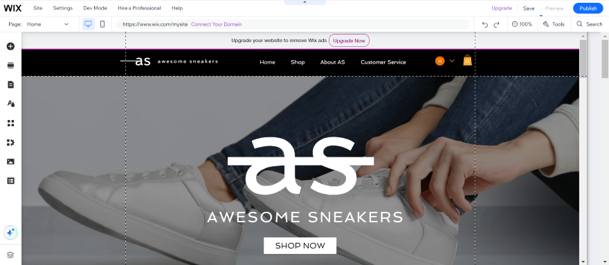 Screenshot of a Wix landing page for a sneakers brand.