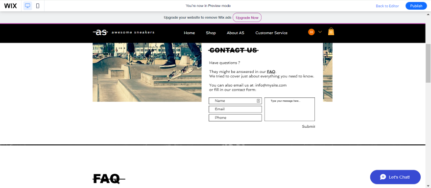 Screenshot of a Wix website's contact us page with a contact form box and an FAQs section.