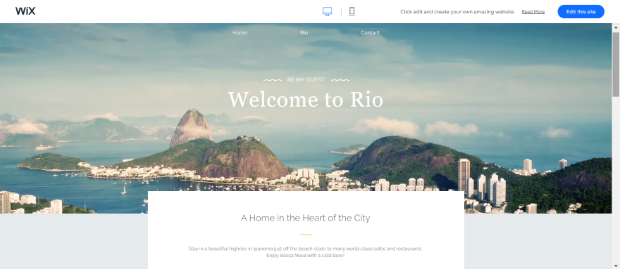 Screenshot of a international hotel Wix website with a large hero image of Rio.