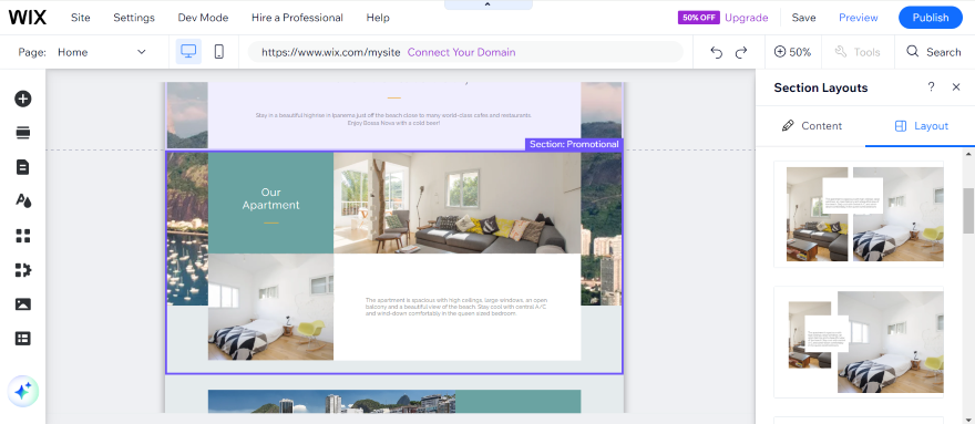 Screenshot of a hotel website landing page displaying a holiday apartment.