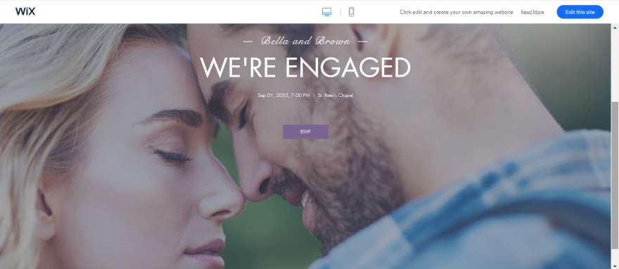 Screenshot of a wedding website landing page with a large couples hero image and purple RSVP button