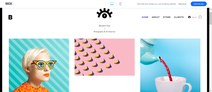 Screenshot of a vibrant Wix photography website with colourful photos mixed with illustrations.