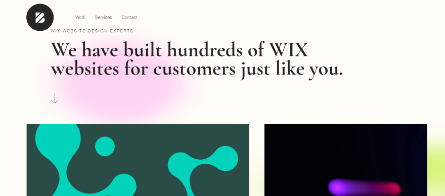 Screenshot of a Wix design agency's website homepage with a gradient background, text, and imagery