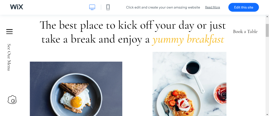 Screenshot of a Wix Cafe landing page with high-quality photos of breakfast dishes.