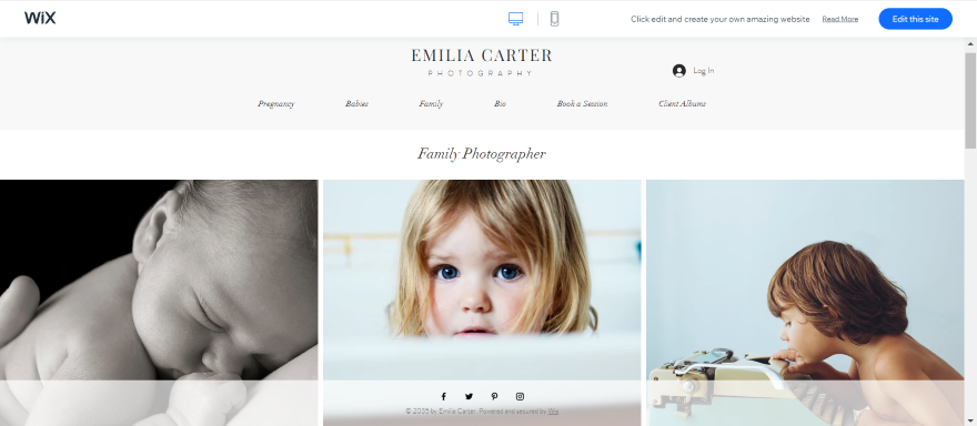 Screenshot of a Wix commercial photography website template with three photos of children