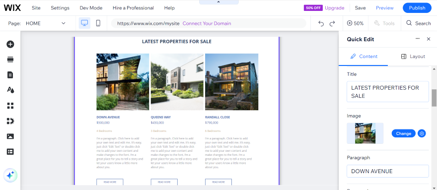 Screenshot of a Wix real estate website with a listing of three different properties