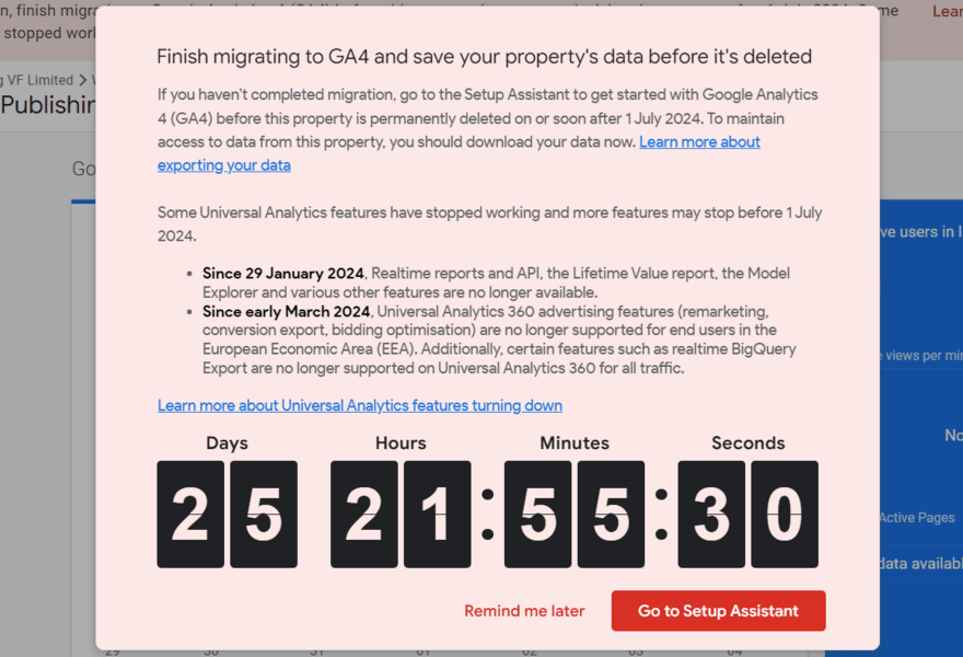 Countdown reminder pop up in GA4 to migrate from Universal Analytics