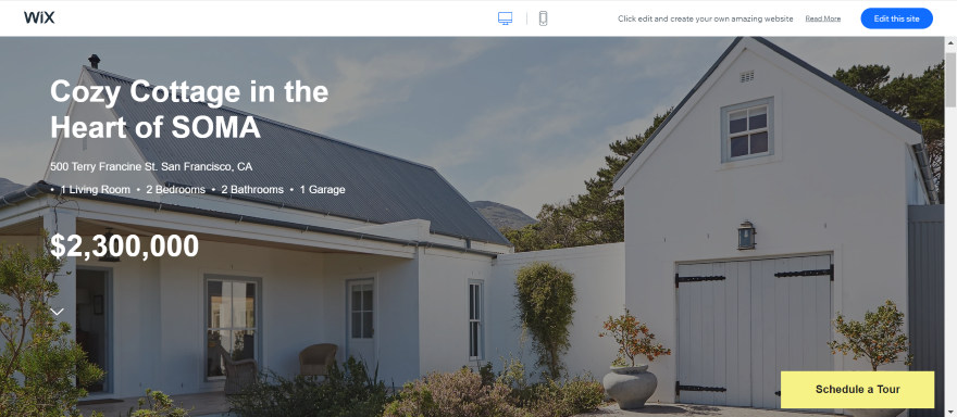 Screenshot of a real estate Wix website with a hero image of a property covering the screen