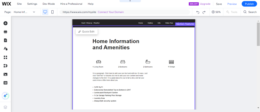 Screenshot of a "home information and amenities" section of a Wix real estate website listing house details