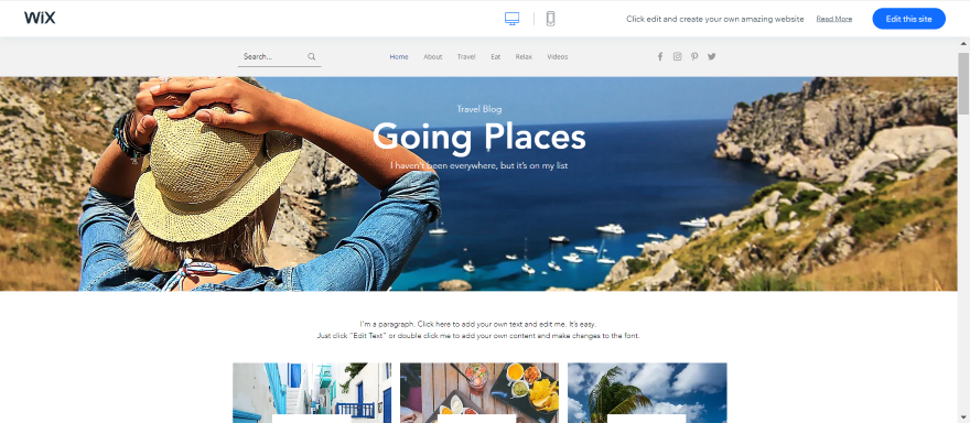 Screenshot of a Wix travel blog design with a large hero image.