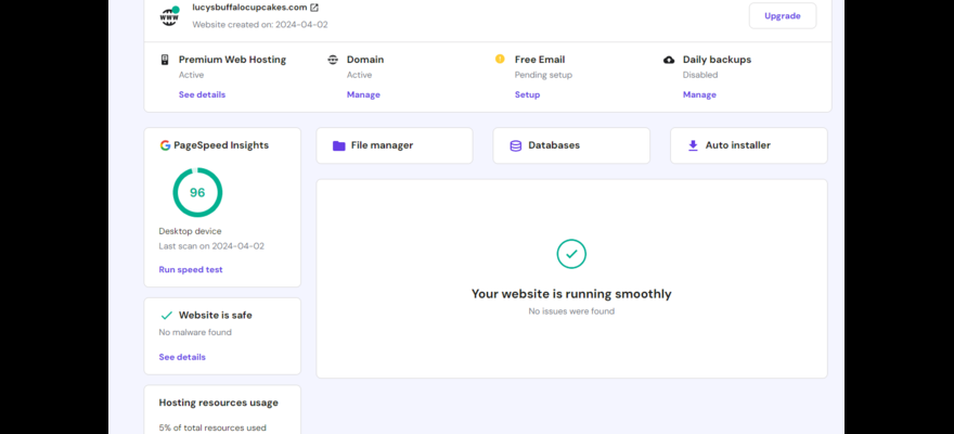 Hostinger hosting dashboard for a website