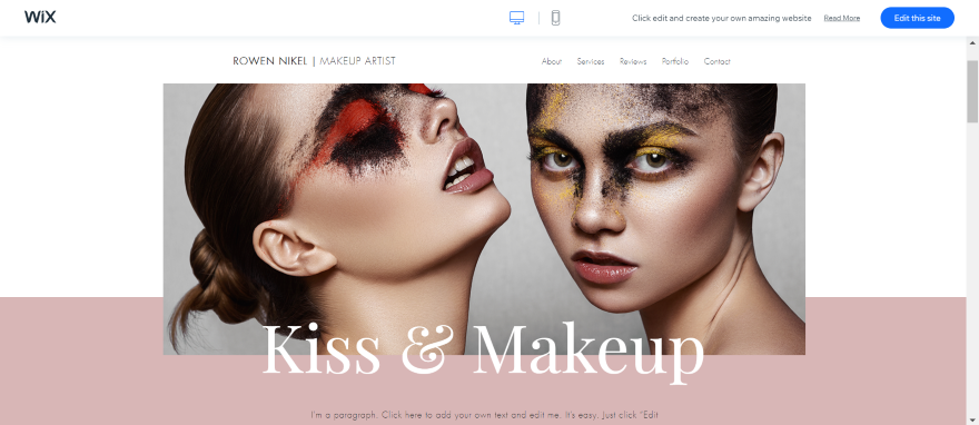 Screenshot of a wix portfolio template with a hero image of two women in editorial makeup.