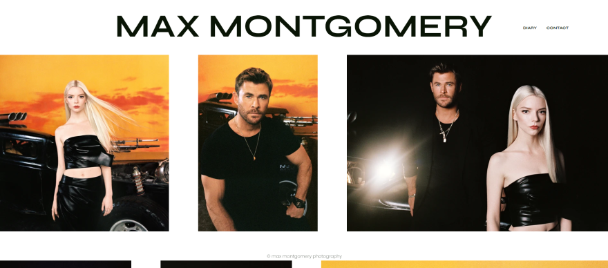 Screenshot of a photographer's Wix homepage with photos of their work in a grid layout.