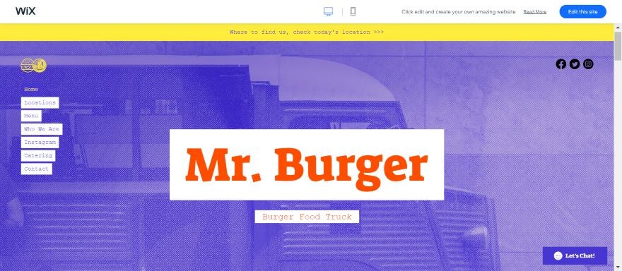 Screenshot of the top of a Wix homepage named "Mr. Burger" with a hero photo of a food truck.