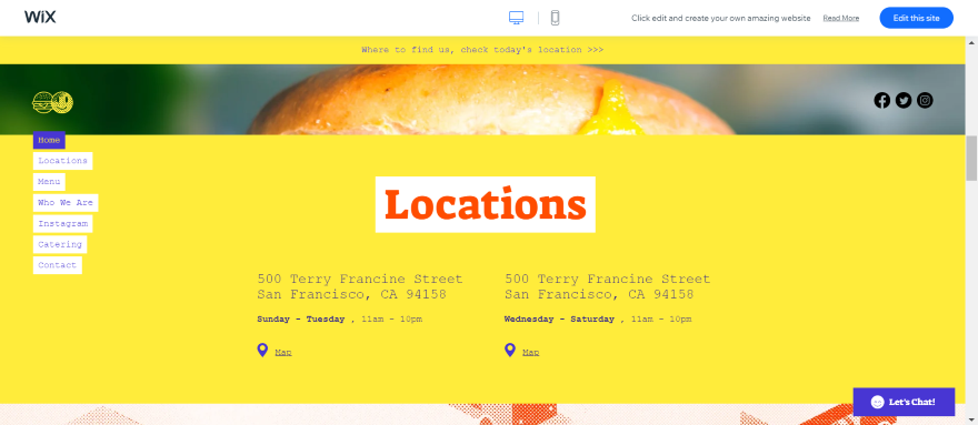 Screenshot of a location section of a Wix food truck website detailing the company's addresses with map links.